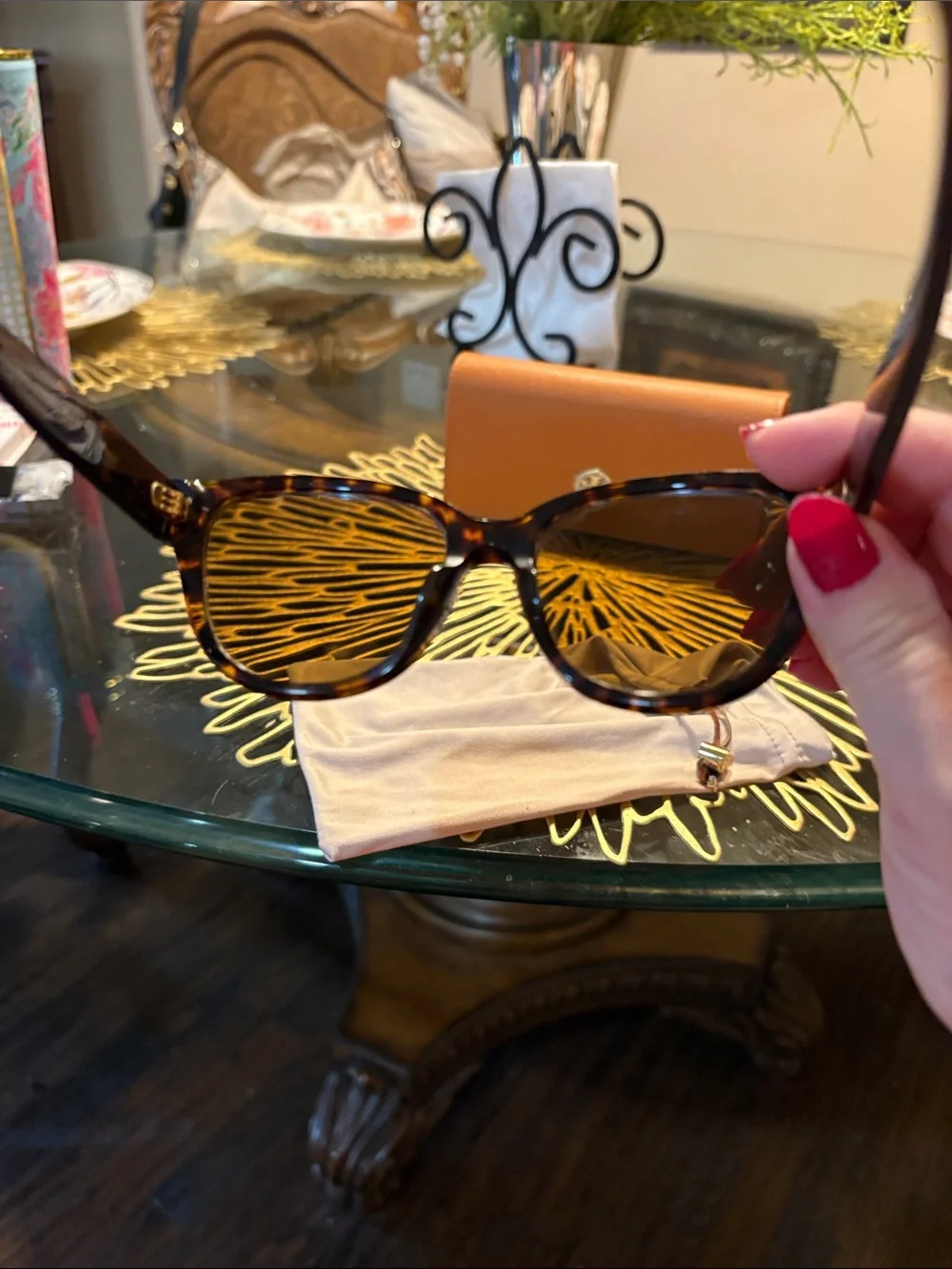 Tory Burch Tortoiseshell Sunglasses with Orange Logo Case